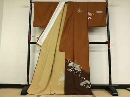 平和屋着物▽訪問着　単衣　地紙流水花文　金彩　ロング丈　洗える着物　AABJ8368jh