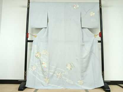 平和屋着物▽創業460年・千總　訪問着　単衣　駒刺繍　流水花丸文　銀彩　正絹　逸品　AABJ8376jh