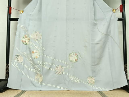 平和屋着物▽創業460年・千總　訪問着　単衣　駒刺繍　流水花丸文　銀彩　正絹　逸品　AABJ8376jh