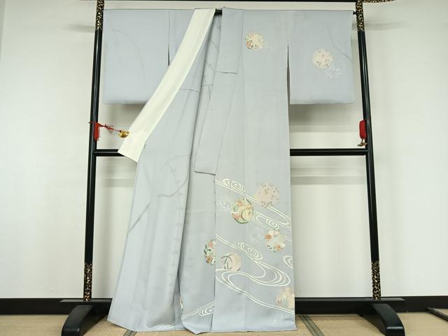 平和屋着物▽創業460年・千總　訪問着　単衣　駒刺繍　流水花丸文　銀彩　正絹　逸品　AABJ8376jh