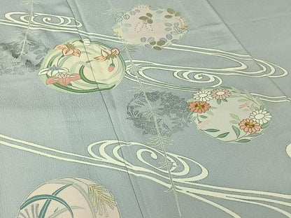 平和屋着物▽創業460年・千總　訪問着　単衣　駒刺繍　流水花丸文　銀彩　正絹　逸品　AABJ8376jh