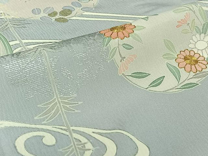平和屋着物▽創業460年・千總　訪問着　単衣　駒刺繍　流水花丸文　銀彩　正絹　逸品　AABJ8376jh