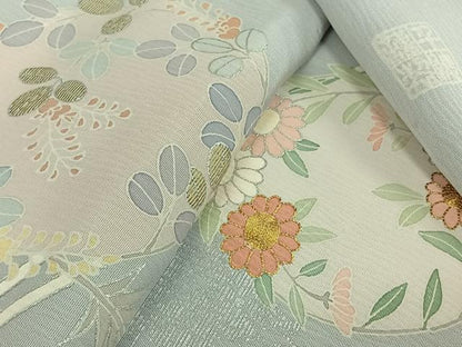平和屋着物▽創業460年・千總　訪問着　単衣　駒刺繍　流水花丸文　銀彩　正絹　逸品　AABJ8376jh