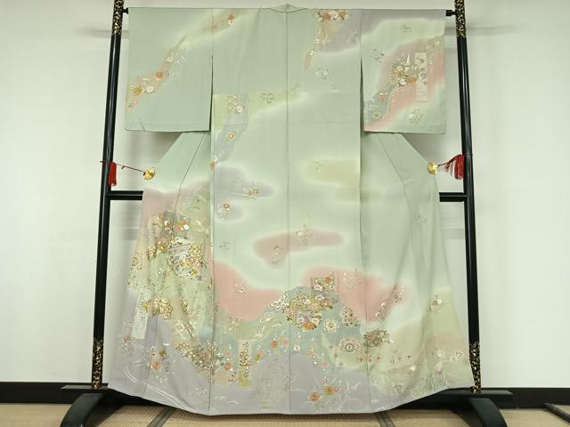 平和屋着物▽訪問着　単衣　中国三大刺繍　汕頭刺繍　スワトウ刺繍　総刺繍　吉祥飛鶴花文　暈し染め　金糸　正絹　逸品　AABJ8380jh