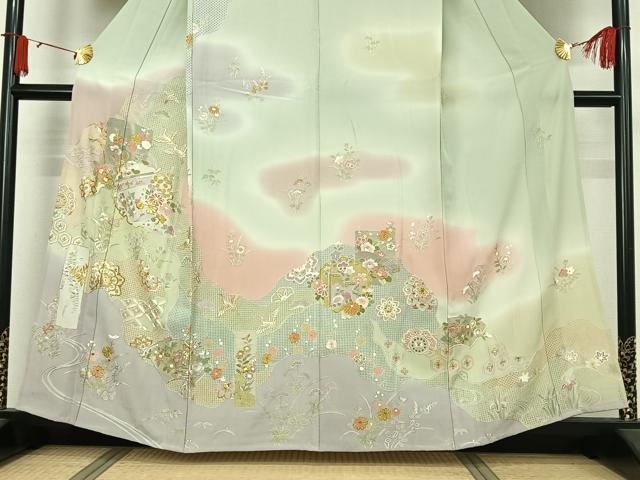 平和屋着物▽訪問着　単衣　中国三大刺繍　汕頭刺繍　スワトウ刺繍　総刺繍　吉祥飛鶴花文　暈し染め　金糸　正絹　逸品　AABJ8380jh