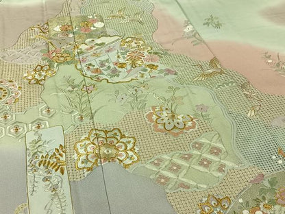 平和屋着物▽訪問着　単衣　中国三大刺繍　汕頭刺繍　スワトウ刺繍　総刺繍　吉祥飛鶴花文　暈し染め　金糸　正絹　逸品　AABJ8380jh
