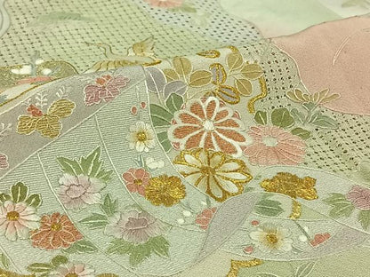 平和屋着物▽訪問着　単衣　中国三大刺繍　汕頭刺繍　スワトウ刺繍　総刺繍　吉祥飛鶴花文　暈し染め　金糸　正絹　逸品　AABJ8380jh