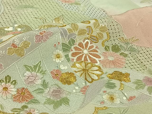 平和屋着物▽訪問着　単衣　中国三大刺繍　汕頭刺繍　スワトウ刺繍　総刺繍　吉祥飛鶴花文　暈し染め　金糸　正絹　逸品　AABJ8380jh