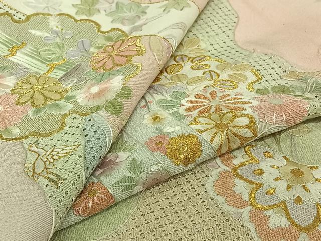 平和屋着物▽訪問着　単衣　中国三大刺繍　汕頭刺繍　スワトウ刺繍　総刺繍　吉祥飛鶴花文　暈し染め　金糸　正絹　逸品　AABJ8380jh