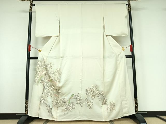 平和屋着物▽色留訪問着　単衣　刺繍　枝に休み鳥　金銀彩　銀糸　正絹　逸品　AABJ8383jh