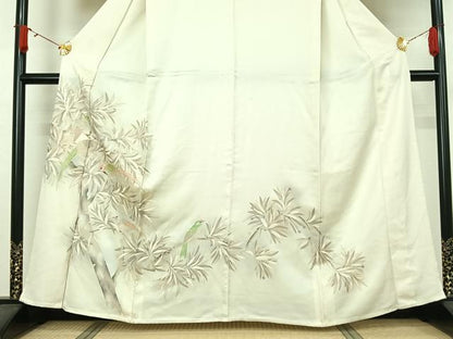 平和屋着物▽色留訪問着　単衣　刺繍　枝に休み鳥　金銀彩　銀糸　正絹　逸品　AABJ8383jh