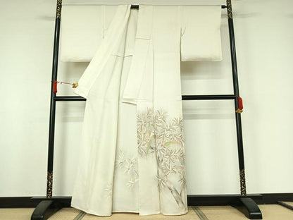 平和屋着物▽色留訪問着　単衣　刺繍　枝に休み鳥　金銀彩　銀糸　正絹　逸品　AABJ8383jh
