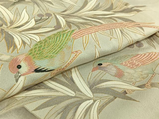 平和屋着物▽色留訪問着　単衣　刺繍　枝に休み鳥　金銀彩　銀糸　正絹　逸品　AABJ8383jh