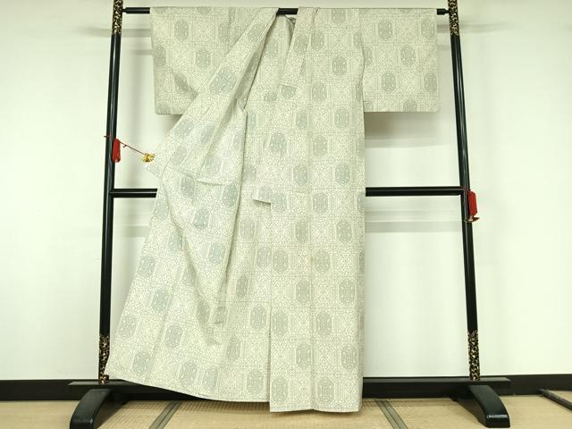 平和屋着物▽本場大島紬　白大島　単衣　幾何学文様　正絹　逸品　AABJ8385jh