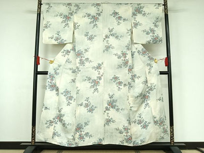 平和屋着物▽上質な小紋　単衣　手描き　枝花文　正絹　逸品　AABJ8386jh