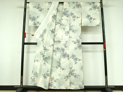平和屋着物▽上質な小紋　単衣　手描き　枝花文　正絹　逸品　AABJ8386jh