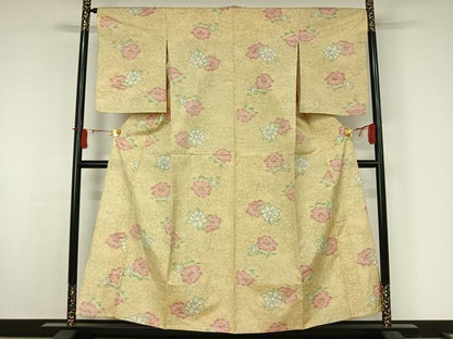 平和屋着物▽上質な紬　単衣　草花文　正絹　逸品　AABJ8387jh