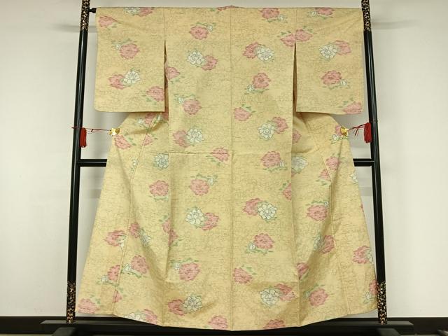 平和屋着物▽上質な紬　単衣　草花文　正絹　逸品　AABJ8387jh