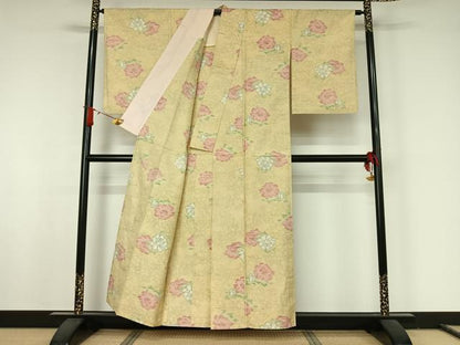 平和屋着物▽上質な紬　単衣　草花文　正絹　逸品　AABJ8387jh