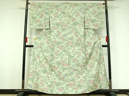 平和屋着物▽上質な紬　単衣　草花文　正絹　逸品　AABJ8388jh