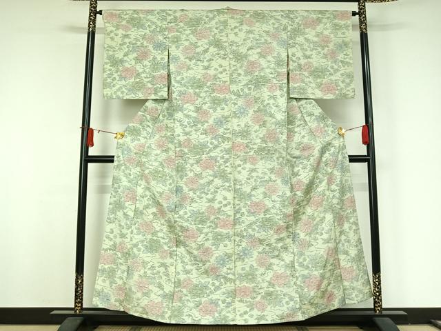 平和屋着物▽上質な紬　単衣　草花文　正絹　逸品　AABJ8388jh