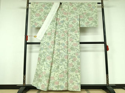 平和屋着物▽上質な紬　単衣　草花文　正絹　逸品　AABJ8388jh