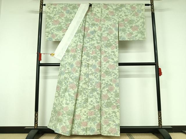 平和屋着物▽上質な紬　単衣　草花文　正絹　逸品　AABJ8388jh