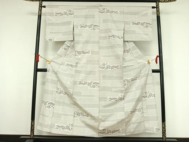 平和屋着物▽上質な紬　単衣　横段松文　正絹　逸品　AABJ8395jh