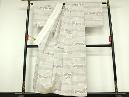 平和屋着物▽上質な紬　単衣　横段松文　正絹　逸品　AABJ8395jh