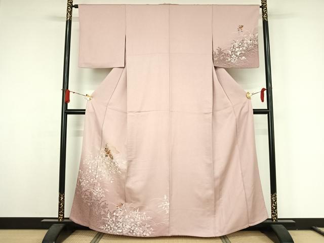 平和屋着物▽訪問着　単衣　中国三大刺繍　汕頭刺繍　スワトウ刺繍　松皮菱花文　暈し染め　金糸　正絹　逸品　AABJ8399jh