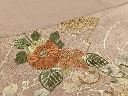 平和屋着物▽訪問着　単衣　中国三大刺繍　汕頭刺繍　スワトウ刺繍　松皮菱花文　暈し染め　金糸　正絹　逸品　AABJ8399jh