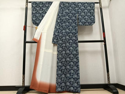平和屋着物●上質な小紋　藍　型染め　雪輪文　正絹　逸品　AABJ8402ph