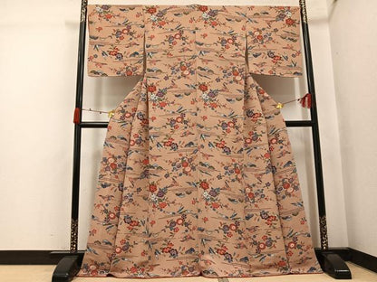 平和屋着物●上質な小紋　型染め　飛鶴草花文　鬼しぼ縮緬　正絹　逸品　AABJ8405ph
