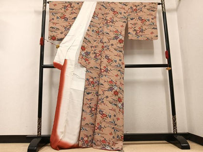 平和屋着物●上質な小紋　型染め　飛鶴草花文　鬼しぼ縮緬　正絹　逸品　AABJ8405ph