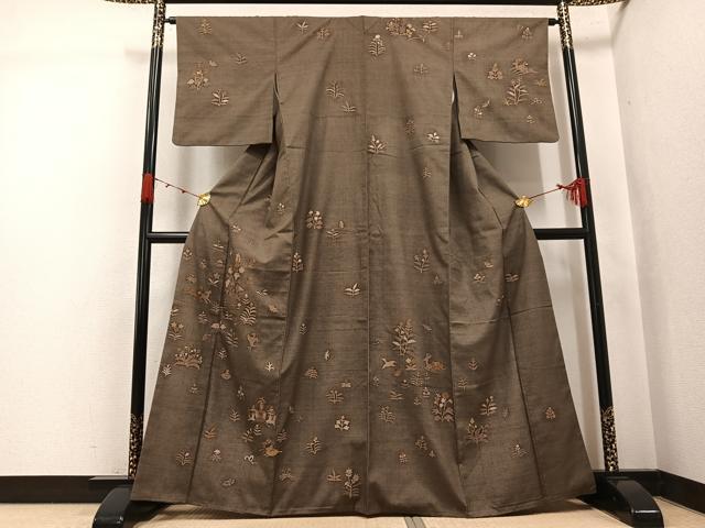 平和屋着物●訪問着　紬地　花蝶鹿文　金彩　正絹　逸品　AABJ8407ph
