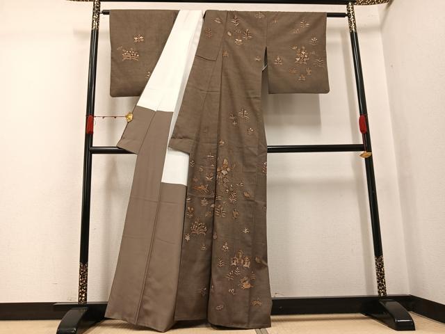 平和屋着物●訪問着　紬地　花蝶鹿文　金彩　正絹　逸品　AABJ8407ph