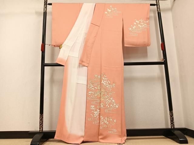平和屋着物●訪問着　駒刺繍　流水草花文　金彩　正絹　逸品　AABJ8411ph