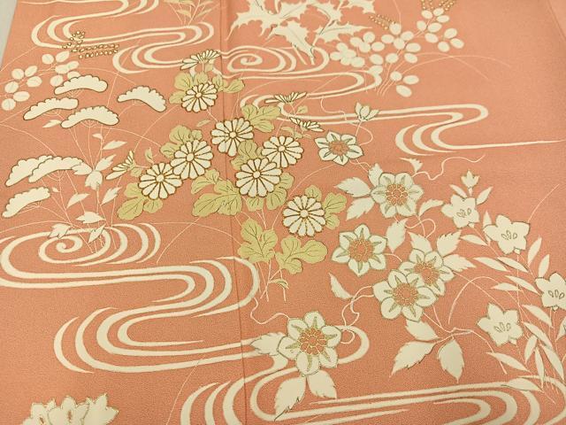 平和屋着物●訪問着　駒刺繍　流水草花文　金彩　正絹　逸品　AABJ8411ph