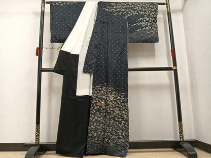 平和屋着物●訪問着　絞り　刺繍　草花文　金彩　正絹　逸品　AABJ8416ph