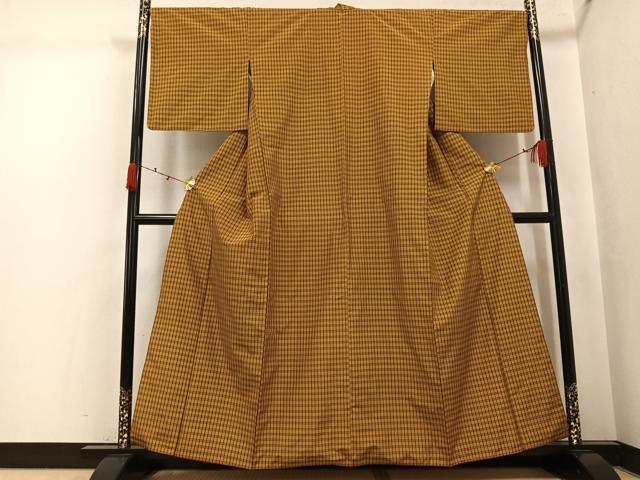 平和屋着物●黄八丈　紬　格子　正絹　逸品　AABJ8423ph