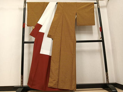 平和屋着物●黄八丈　紬　格子　正絹　逸品　AABJ8423ph