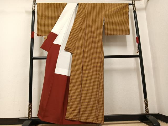 平和屋着物●黄八丈　紬　格子　正絹　逸品　AABJ8423ph