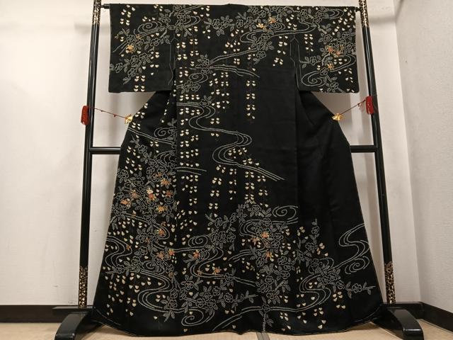 平和屋着物●訪問着　駒刺繍　絞り　草花文　黒地　大丸扱い　正絹　逸品　未使用　AABJ8430ph