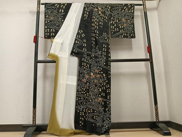 平和屋着物●訪問着　駒刺繍　絞り　草花文　黒地　大丸扱い　正絹　逸品　未使用　AABJ8430ph