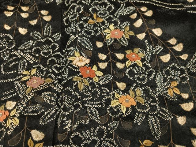 平和屋着物●訪問着　駒刺繍　絞り　草花文　黒地　大丸扱い　正絹　逸品　未使用　AABJ8430ph