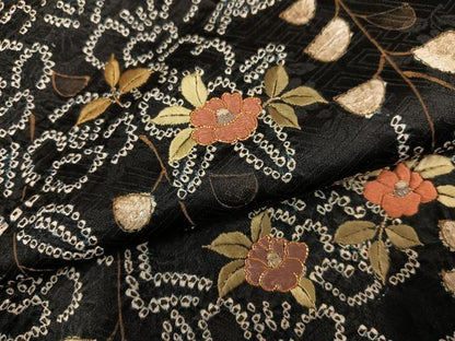 平和屋着物●訪問着　駒刺繍　絞り　草花文　黒地　大丸扱い　正絹　逸品　未使用　AABJ8430ph