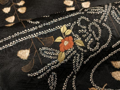 平和屋着物●訪問着　駒刺繍　絞り　草花文　黒地　大丸扱い　正絹　逸品　未使用　AABJ8430ph