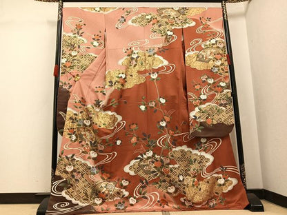 平和屋着物●豪華振袖　駒刺繍　地紙花文　金彩　ロング丈　正絹　逸品　AABJ8432ph