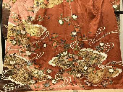 平和屋着物●豪華振袖　駒刺繍　地紙花文　金彩　ロング丈　正絹　逸品　AABJ8432ph