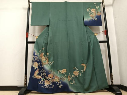 平和屋着物●訪問着　刺繍　花蝶文　暈し染め　金彩　正絹　逸品　AABJ8433ph